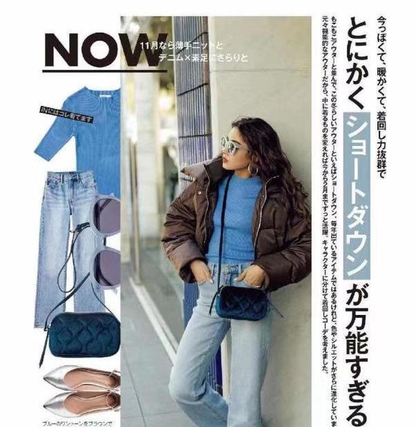 蓝色毛衣 高腰阔腿水洗牛仔裤