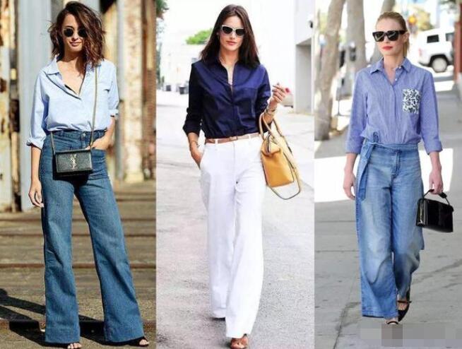 牛仔阔腿裤 衬衫